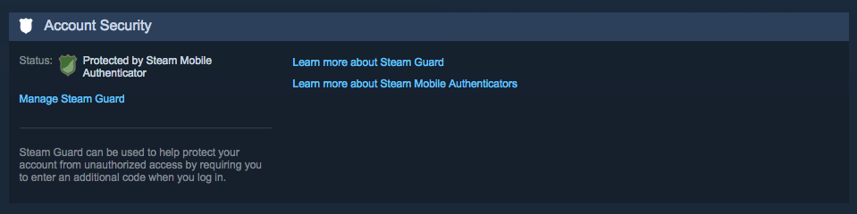 Настройки безопасности аккаунта Steam